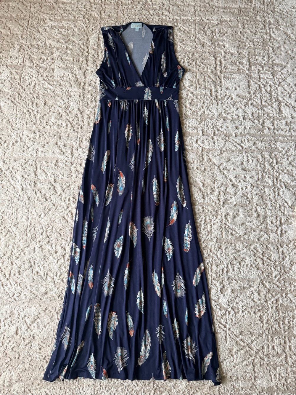 Veronica M Navy Maxi Dress with Multicolor Feather Print